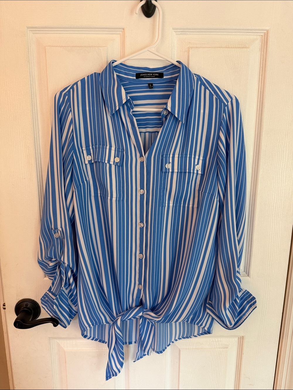 Jones New York Blue and White Striped Tie-Hem Button-Down Shirt
